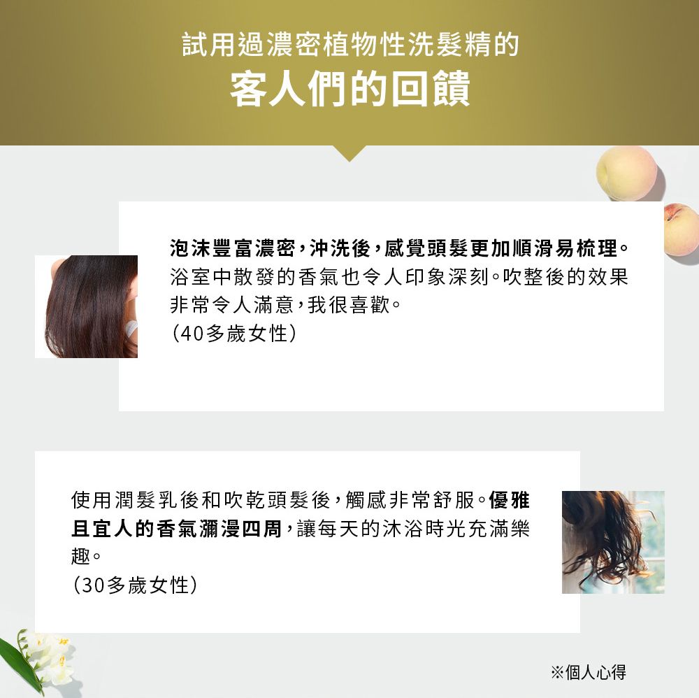 試用過濃密植物性洗髮精的客人們的回饋泡沫豐富濃密,沖洗後,感覺頭髮更加順滑易梳理。浴室中散發的香氣也令人印象深刻。吹整後的效果非常令人滿意,我很喜歡。(40多歲女性)使用潤髮乳後和吹乾頭髮後,觸感非常舒服。優雅且宜人的香氣瀰漫四周,讓每天的沐浴時光充滿樂趣。(30多歲女性)※個人心得