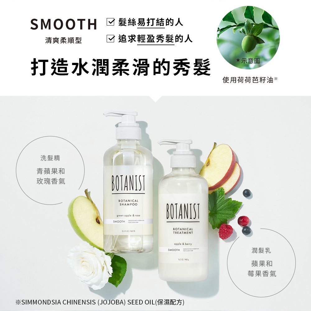 SMOOTH 髮絲易打結的人清爽柔順型☑ 追求輕盈秀髮的人打造水潤柔滑的秀髮洗髮精青蘋果和玫瑰香氣BOTANISTBOTANICASHAMPOOgreen apple & roseSMOOTH  LBOTANISTBOTANICALTREATMENTapple & berry*示意圖使用荷荷芭籽油 SMOOTH  潤髮乳※SIMMONDSIA CHINENSIS (JOJOBA) SEED OIL(保濕配方)蘋果和莓果香氣
