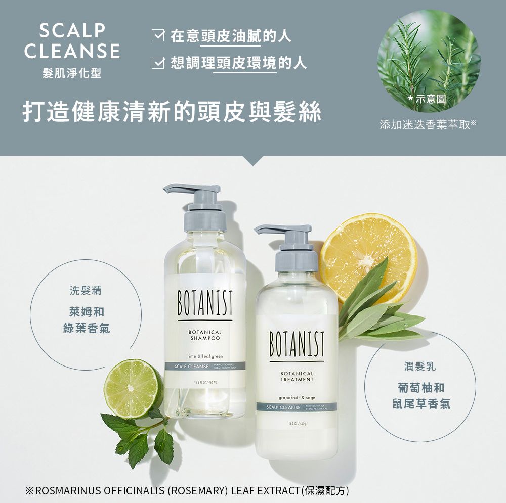 SCALPCLEANSE在意頭皮油膩的人☑ 想調理頭皮環境的人髮肌淨化型*示意圖打造健康清新的頭皮與髮絲添加迷迭香葉萃取洗髮精萊姆和綠葉香氣BOTANISTBOTANICALSHAMPOOlime & leaf greenBOTANISTSCALP CLEANSEBOTANICALTREATMENTgrapefruit & sageSCALP CLEANSE潤髮乳葡萄柚和鼠尾草香氣※ROSMARINUS OFFICINALIS (ROSEMARY) LEAF EXTRACT(保濕配方)