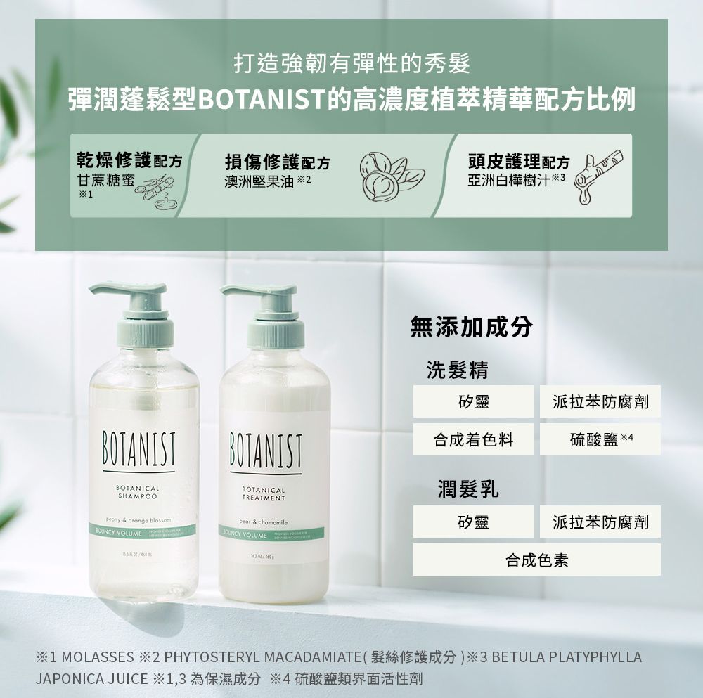 打造強韌有彈性的秀髮彈潤蓬鬆型BOTANIST的高濃度植萃精華配方比例乾燥修護配方損傷修護配方甘蔗糖蜜澳洲堅果油 1頭皮護理配方亞洲白樺樹汁  3無添加成分洗髮精矽靈派拉苯防腐劑BOTANIST BOTANIST合成着色料硫酸鹽 4BOTANICALSHAMPOOBOTANICALTREATMENT潤髮乳 & orange blossom & chamomile VOLUMEYOLUME矽靈派拉苯防腐劑合成色素1 MOLASSES 2 PHYTOSTERYL MACADAMIATE(髮絲修護成分)3 BETULA PLATYPHYLLAJAPONICA JUICE ※1,3 為保濕成分 ※4硫酸鹽類界面活性劑