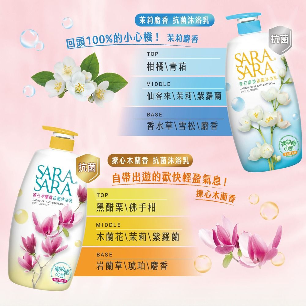 茉莉麝香 抗菌沐浴乳回頭100%的小心機! 茉莉麝香TOP柑橘\青葙MIDDLE仙客來\茉莉\紫羅蘭 抗菌|SARASARA茉莉麝香抗菌沐浴乳JASMINE MUSK ANTIBACTERIAL CLEANSERBASE香水草\雪松\麝香撩心木蘭香 抗菌沐浴乳SARASARAⓇ|抗菌|TOP撩心木蘭香抗菌沐浴乳MAGNOLIA ANTIBACTERIAL CLEANSER黑醋栗\佛手柑自帶出遊的歡快輕盈氣息!撩心木蘭香妝感の(裸妝感肌肌MIDDLE木蘭花\茉莉\紫羅蘭BASE岩蘭草\琥珀\麝香