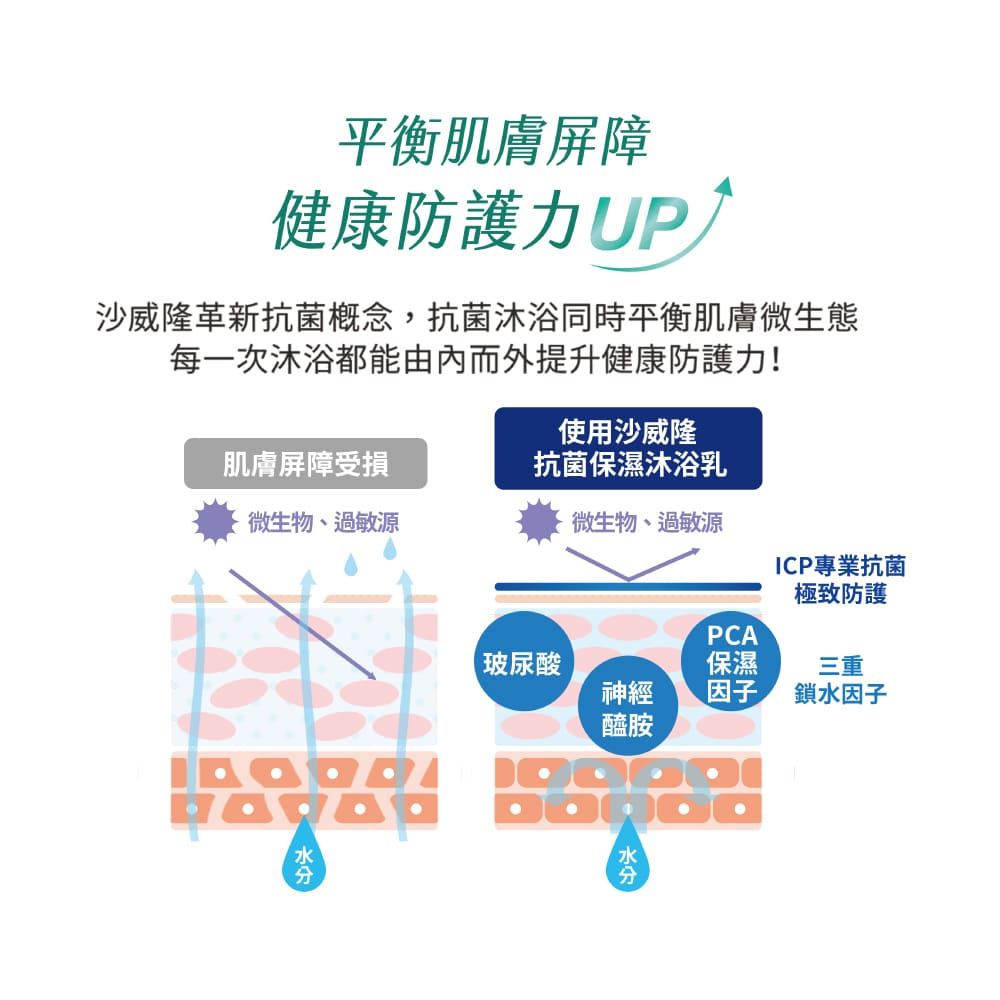 平衡肌膚屏障健康防護力UP沙威隆革新抗菌念,抗菌沐浴同時平衡肌膚微生態每一次沐浴都能由內而外提升健康防護力!肌膚屏障受損使用沙威隆抗菌保濕沐浴乳微生物、過敏源微生物、過敏源PCAICP專業抗菌極致防護玻尿酸保濕三重神經因子鎖水因子醯胺水