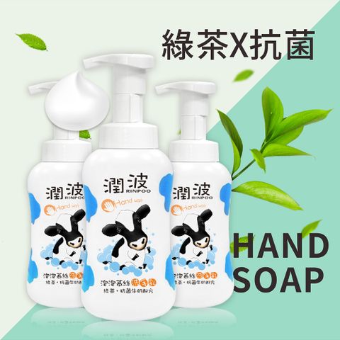 【潤波】綠茶抗菌- 牛奶泡泡慕絲洗手乳--300ml X3入(清新香氛、雙手輕鬆潔淨