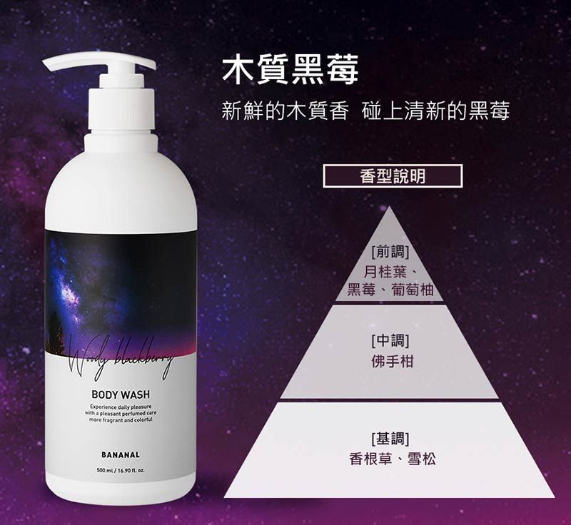 BODY WASHExperience daily with a pleasant perfumed care fragrant and 木質黑莓新鮮的木質香 碰上清新的黑莓香型說明[前調]月桂葉、黑莓、葡萄柚[中調]佛手柑BANANAL500 1690  .[基調]香根草、雪松