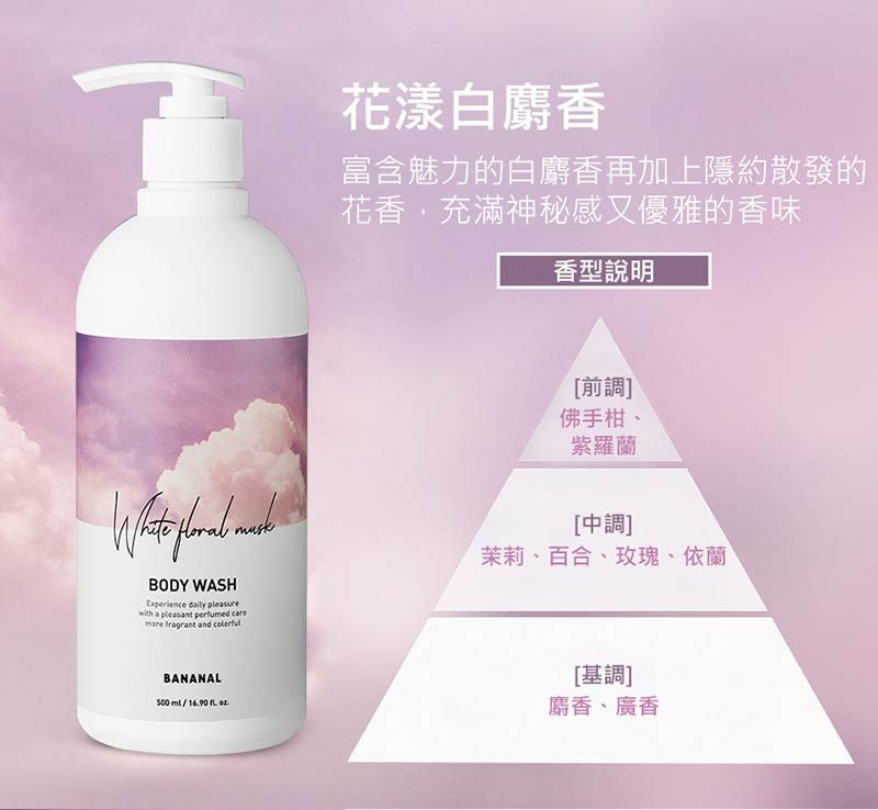 BODY WASHExperience  pleasurewith a pleasant perfumed caremore fragrant and 花漾白麝香富含魅力的白麝香再加上隱約散發的花香,充滿神秘感又優雅的香味香型說明[前調]佛手柑紫羅蘭[中調]茉莉、百合、玫瑰、依蘭BANANAL500 /1690  .[基調]麝香、廣香