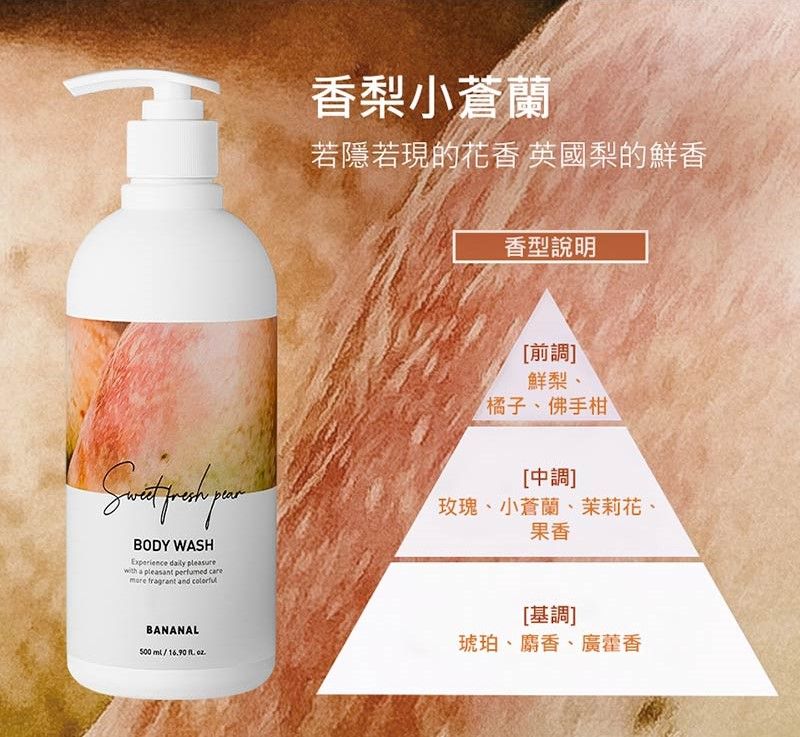 BODY WASHExperience  with a pleasant   fragrant and 香梨小蒼蘭若隱若現的花香 英國梨的香香型說明前調]鮮梨橘子、佛手柑[中調]、玫瑰、小蒼蘭、茉莉花、果香BANANAL500 1690  .[基調]琥珀、麝香、廣藿香