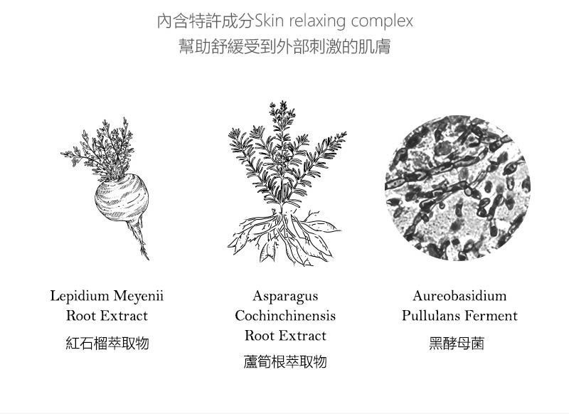 內含特許成分Skin relaxing complex幫助舒緩受到外部刺激的肌膚Lepidium MeyeniiRoot Extract紅石榴萃取物AsparagusCochinchinensisRoot Extract蘆筍根萃取物AureobasidiumPullulans Ferment黑酵母菌