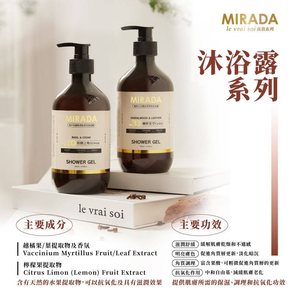 MIRADA游MIRADASANDALWOOD & LEATHER曠野星空CedarBASIL & CEDAR妖精之ArwenSHOWER GELSHOWER GELMIRADAle vrai soi我系列沐浴露系列le vrai soi主要成分越橘果/葉提取物及香氛Vaccinium Myrtillus Fruit/Leaf Extract檸檬果提取物Citrus Limon (Lemon Fruit Extract含有天然的水果提取物,可以抗氧化及具有滋潤效果主要功效滋潤舒緩緩解肌膚乾燥和不適感明亮膚色 促進角質層更新,淡化暗沉角質調理)富含果酸,可輕微促進角質層的更新抗氧化作用)中和自由基,減緩肌膚提供肌膚所需的保濕、調理和抗氧化功效