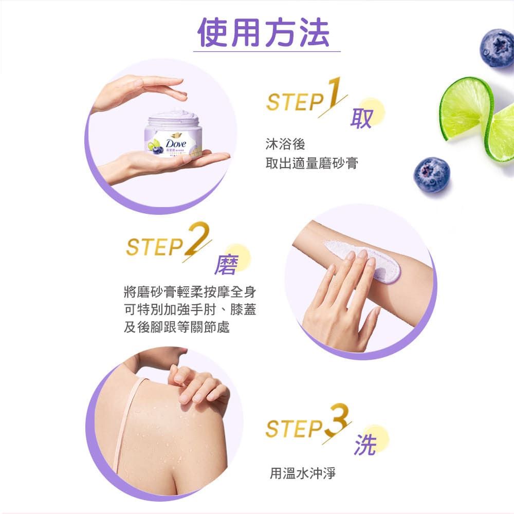 使用方法STEP 取Dove沐浴後取出適量磨砂膏STEP2磨將磨砂膏輕柔按摩全身可特別加強手肘、膝蓋及後腳跟等關節處STEP用溫水沖淨洗