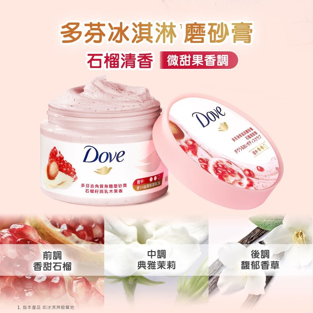 多芬冰淇淋 磨砂膏石榴清香 微甜果香調Dove多芬去角質身體磨砂膏石榴籽與乳木果香適中含1/4保濕乳液Dove多芬身体滋润磨砂膏石榴清甜香ボディスクラブ前調中調後調香甜石榴典雅茉莉馥郁香草1. 指本 如冰淇淋般質地