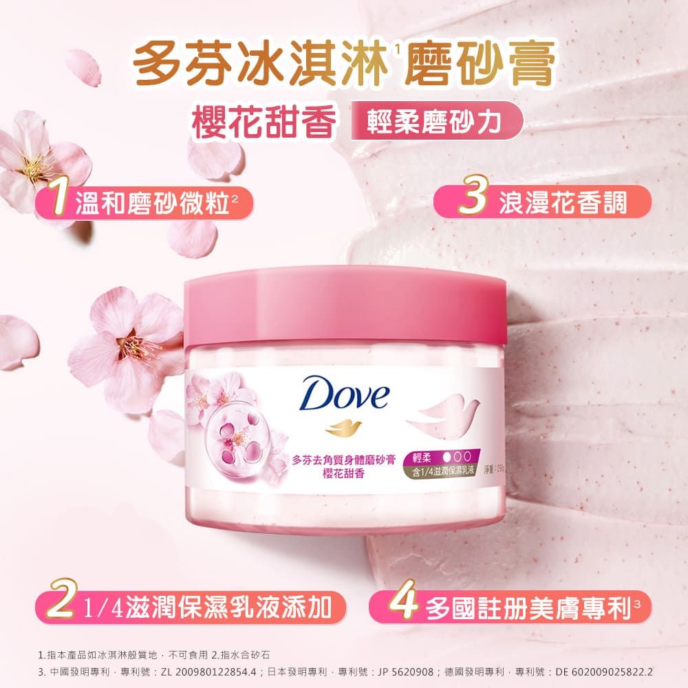 多芬冰淇淋 磨砂膏櫻花甜磨砂力 溫和磨砂微粒3 浪漫花香調Dove多芬去角質身體磨砂膏櫻花甜香輕柔含1/4滋潤保濕乳液 21/4滋潤保濕乳液添加4多國註冊美膚專利31.指本產品如冰淇淋般質地不可食用指水合矽石3. 中國發明專利專利號:ZL200980122854.4;日本發明專利,專利號:JP5620908;德國發明專利,專利號:DE 602009025822.2