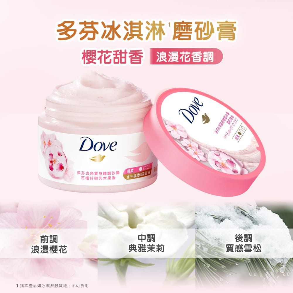 多芬冰淇淋 磨砂膏櫻花甜香 浪漫花香調Dove多芬去角質身體磨砂膏石榴籽與乳木果香輕柔含1/4滋潤保濕乳液Dove多芬去角質身體磨砂膏 おい前調中調後調浪漫櫻花典雅茉莉質感雪松1.指本產品如冰淇淋般質地,不可食用
