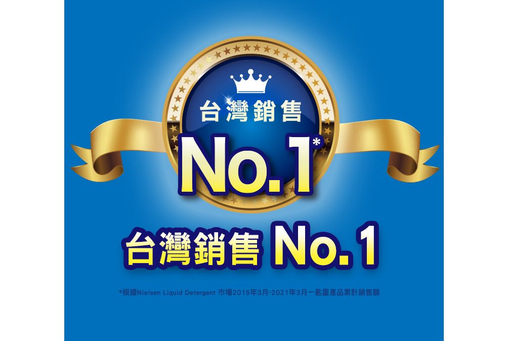 台灣銷售台灣銷售 No.1*根據Nielsen Liquid Detergent 市場2015年3月-2021年3月一匙靈產品累計銷售額