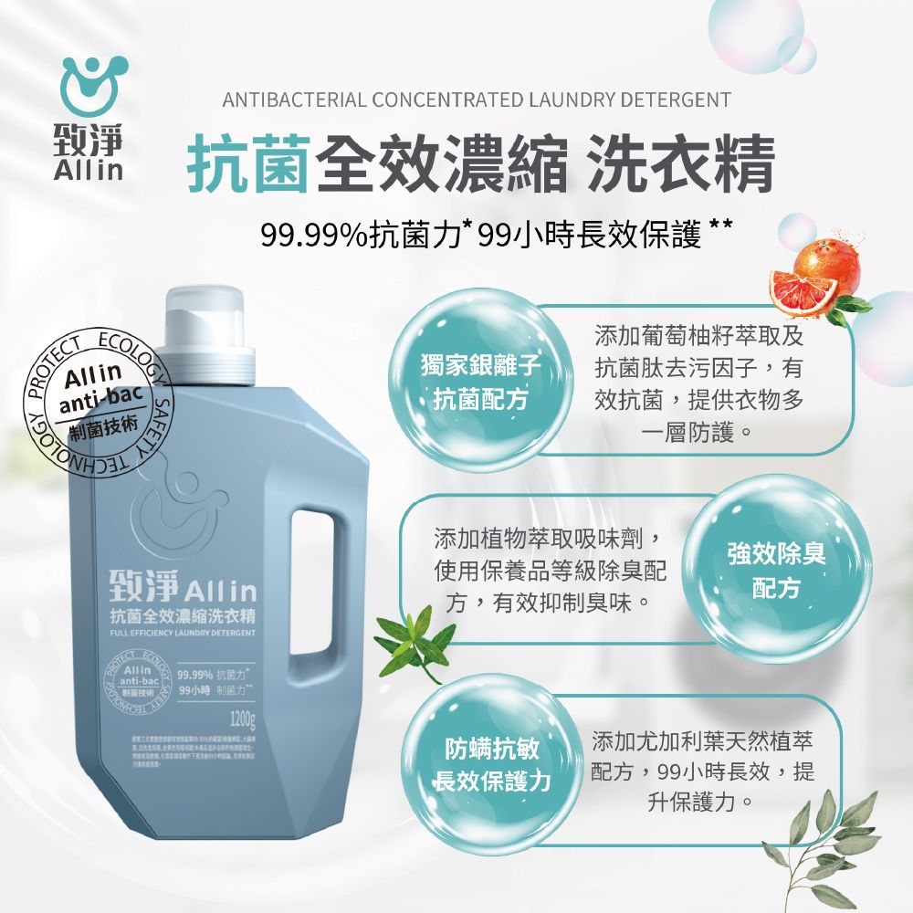 乾淨AllANTIBACTERIAL CONCENTRATED LAUNDRY DETERGENT抗全效濃縮洗衣精99.99%抗*99小時長效保護PCOLOGYAllinanti-bac菌NOLOGYSAFETY淨 Alling抗菌全效濃縮洗衣精FULL EFFICIENCY LAUNDRY DETERGENTROTECTAll in-bac菌技術99.99% 抗菌力99小時 制菌力添加葡萄柚籽萃取及獨家銀離子抗菌配方抗菌肽去污因子,有效抗菌,提供衣物多一層防護。添加植物萃取吸味劑,使用保養品等級除臭配方,有效抑制臭味。強效除臭配方1200g防螨抗敏長效保護力添加尤加利葉天然植萃配方,99小時長效,提升保護力。