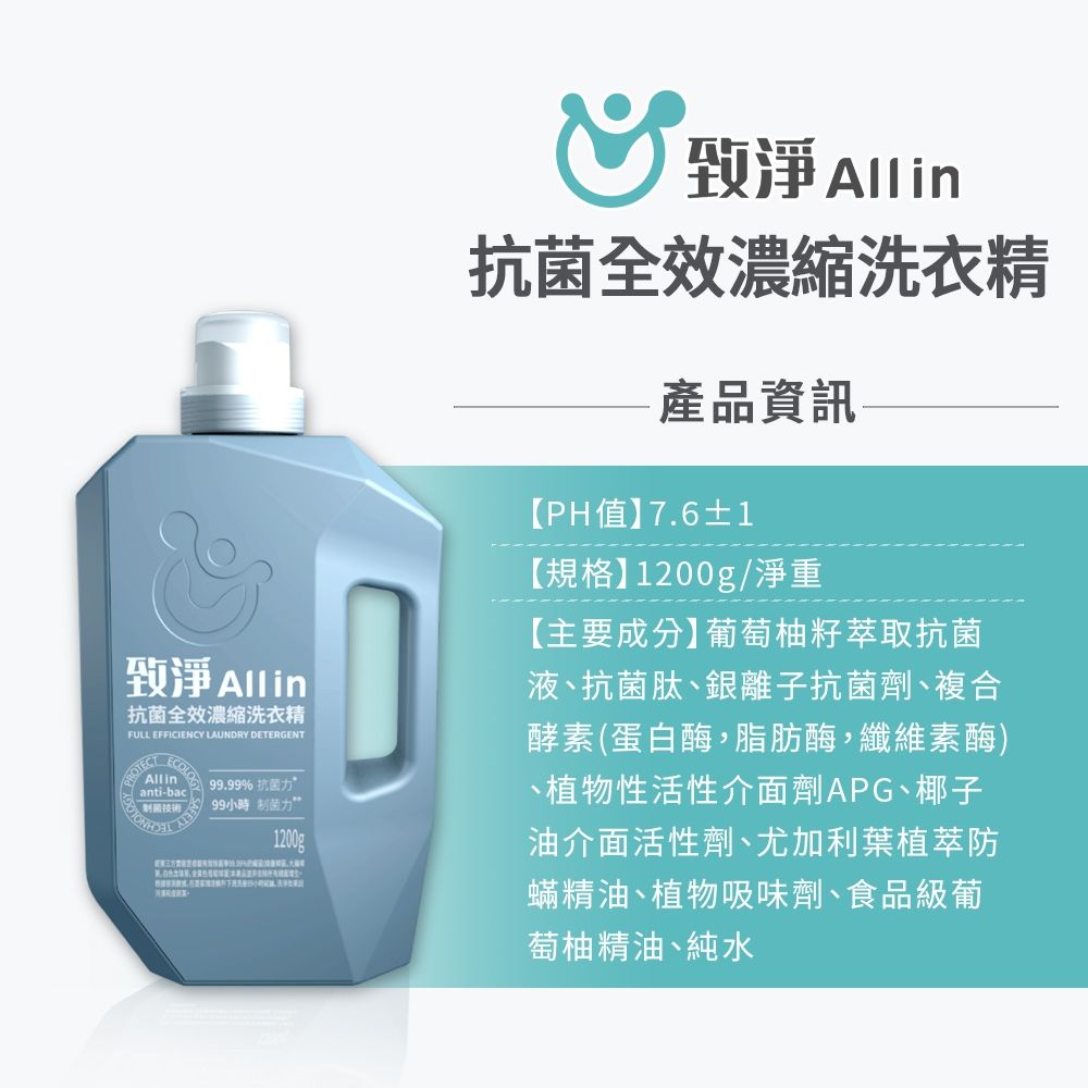 致淨 Alling抗菌全效濃縮洗衣精FULL EFFICIENCY LAUNDRY DETERGENTAll inanti-bac99.99% 抗菌力99小時 菌力1200g致淨 Allin抗菌全效濃縮洗衣精產品資訊【PH值】7.6±1【規格】1200g/淨重【主要成分】葡萄柚籽萃取抗菌液抗菌肽銀離子抗菌劑、複合酵素(蛋白酶,脂肪酶,纖維素酶)、植物性活性介面劑APG、椰子油介面活性劑、尤加利葉植萃防蟎精油、植物吸味劑、食品級葡萄柚精油、純水