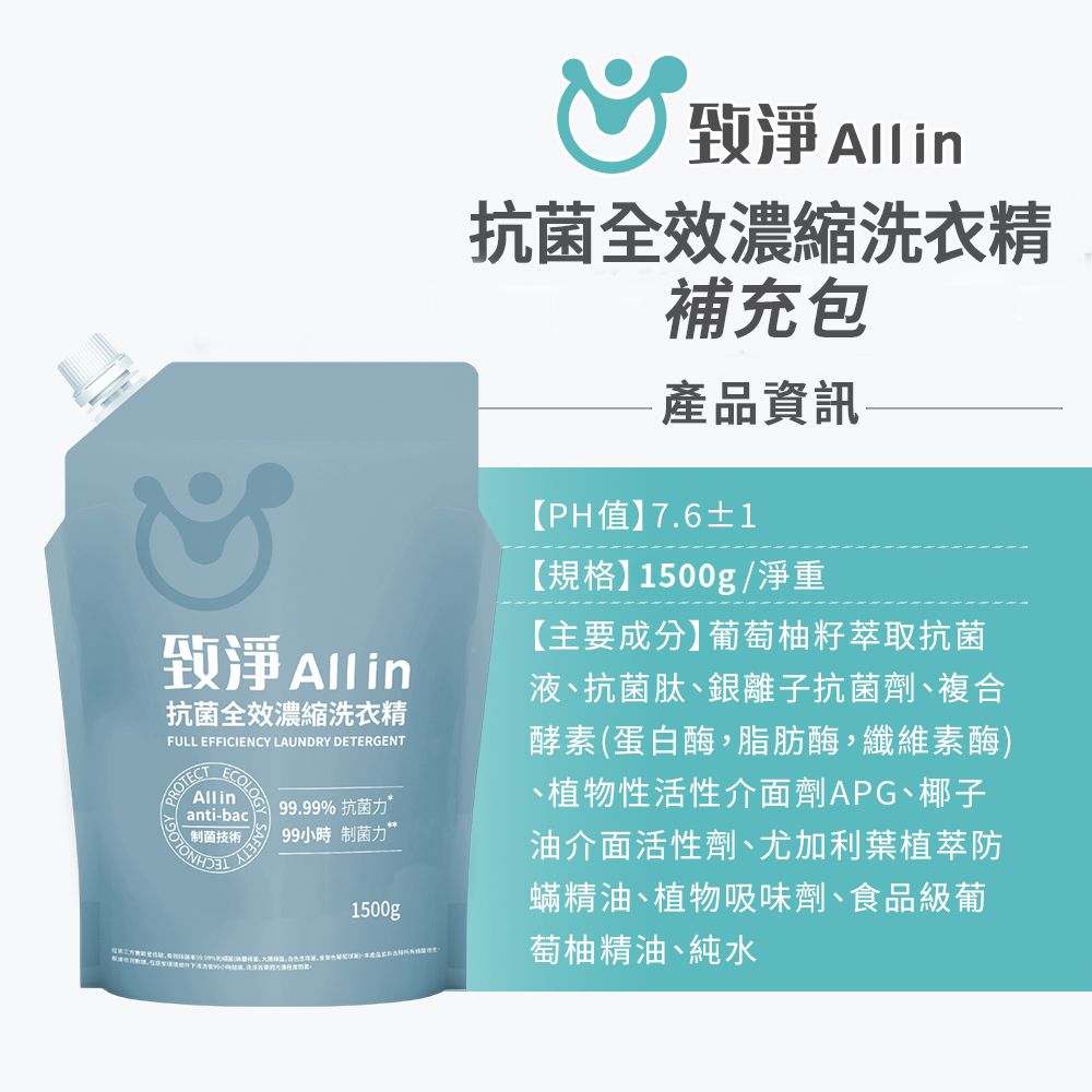 淨 Allin抗菌全濃縮洗衣精FULL EFFICIENCY LAUNDRY DETERGENTECOLOGYAllin-bac菌技術SAFETY99.99% 抗菌99小時制菌力1500g致淨 Allin抗菌全效濃縮洗衣精補充包產品資訊【PH值】7.6±1【規格】1500g/淨重【主要成分】葡萄柚籽萃取抗菌液抗菌肽銀離子抗菌劑、複合酵素(蛋白酶,脂肪酶,纖維素酶)、植物性活性介面劑APG、椰子油介面活性劑、尤加利葉植萃防蟎精油、植物吸味劑、食品級葡萄柚精油、純水