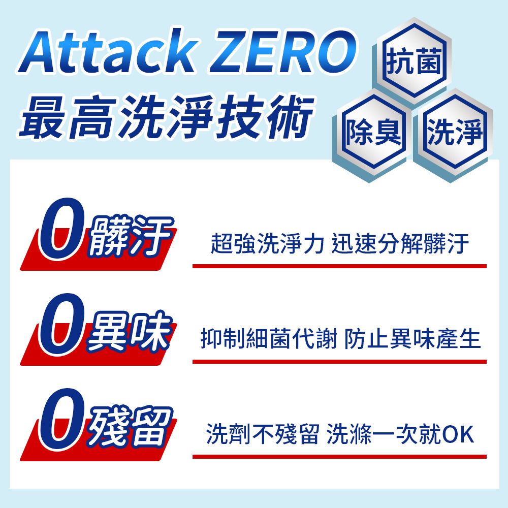 Attack ZER 抗菌最高洗淨技術除臭 洗淨髒汙超強洗淨力迅速分解髒汙異味抑制細菌代謝 防止異味產生O 殘留洗劑不殘留 洗滌一次就OK