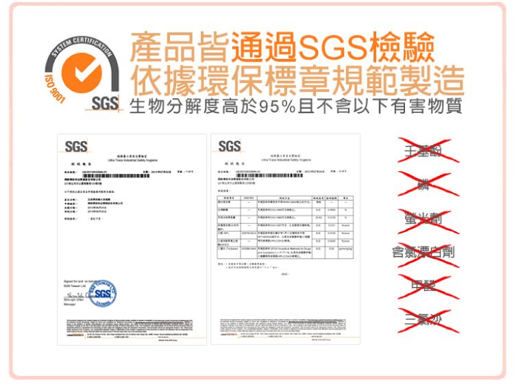 產品皆通過SGS檢驗SYSTEM 9001SGS依據環保標章規範製造SGS 生物分解度高於95%且不含以下有 害物質SGSXXXXXSGS