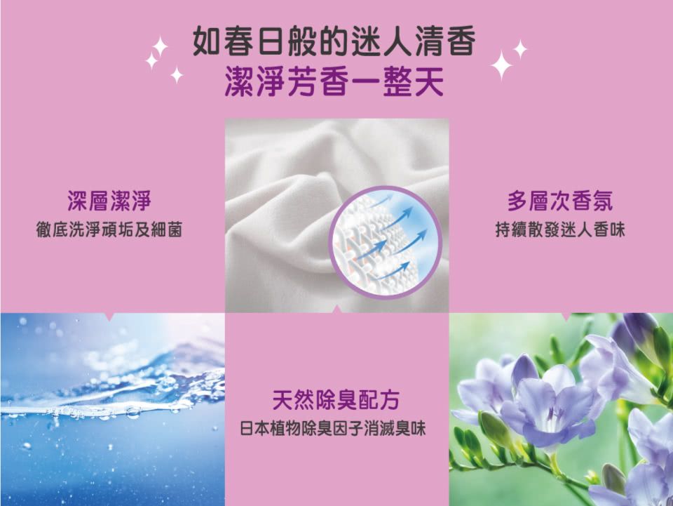 深層潔淨徹底洗淨頑垢及細 菌如春日般的迷人清香潔淨芳香一整天天然除臭配方日本植物除臭因子消滅臭味多層次香氛持續散發迷人香味
