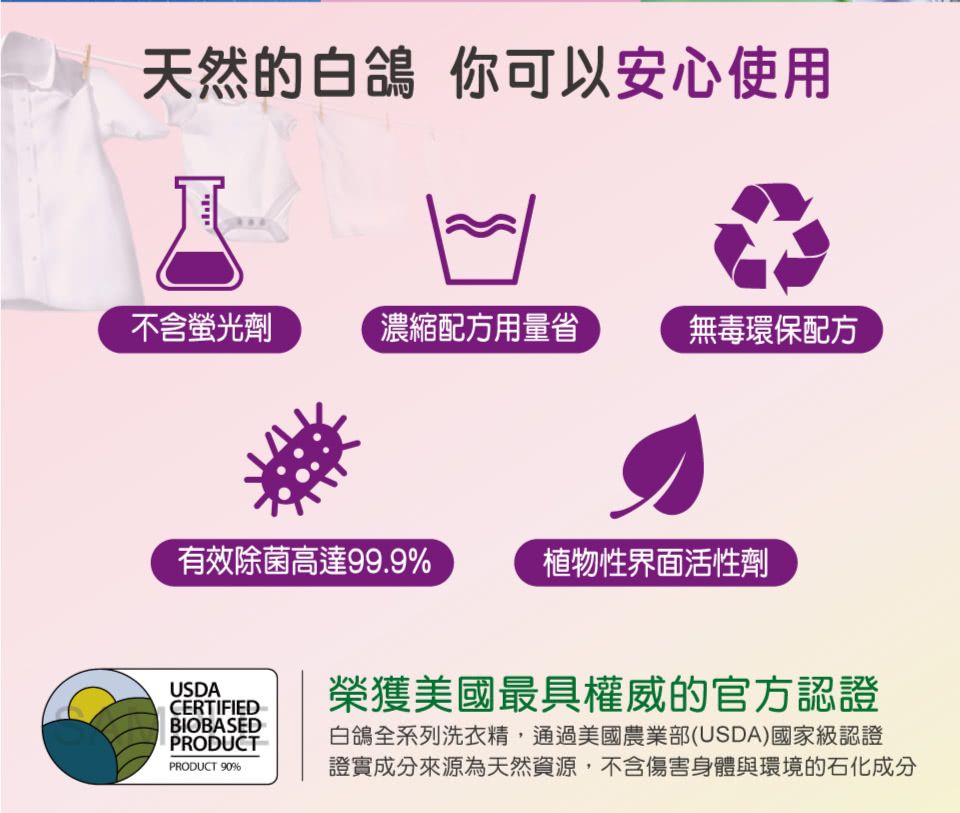 天然的白鴿 你可以安心使用יויוי不含螢光劑濃縮配方用量省無毒環保配方有效除菌高達99.9%植物性界面活性劑USDACERTIFIEDBIOBASEDPRODUCTPRODUCT 90%榮獲美國最具權威的官方認證白鴿全系列洗衣精,通過美國農業部(USDA)國家級認證證實成分來源為天然資源,不含傷害身體與環境的石化成分