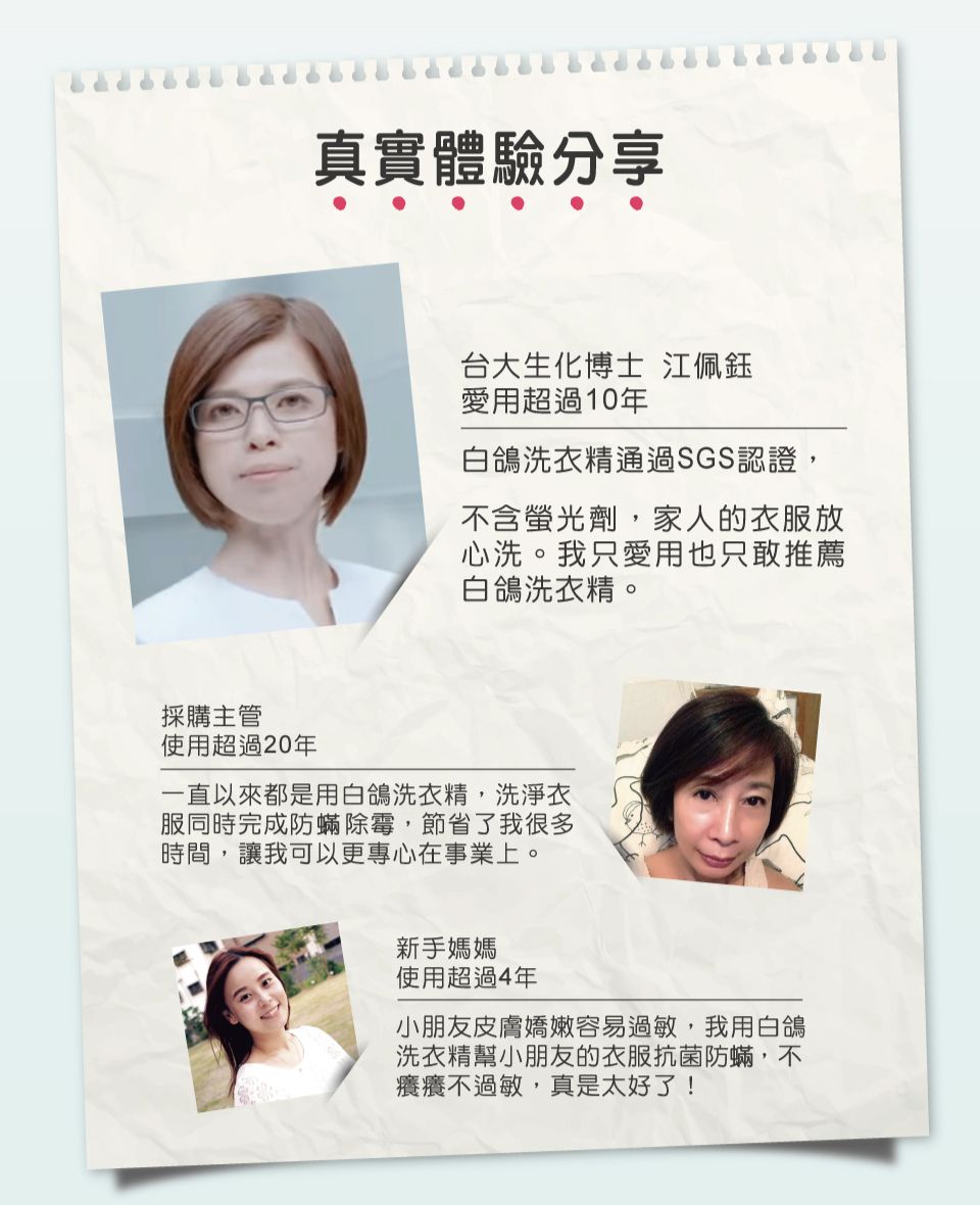 真實體驗分享台大生化博士 江佩鈺愛用超過10年白鴿洗衣精通過SGS認證,不含螢光劑,家人的衣服放心洗。我只愛用也只敢推薦白鴿洗衣精。採購主管使用超過20年一直以來都是用白鴿洗衣精,洗淨衣服同時完成防蟎除霉,節省了我很多時間,讓我可以更專心在事業上。新手媽媽使用超過4年小朋友皮膚嬌嫩容易過敏,我用白鴿洗衣精幫小朋友的衣服抗 菌防蟎,不癢癢不過敏,真是太好了!
