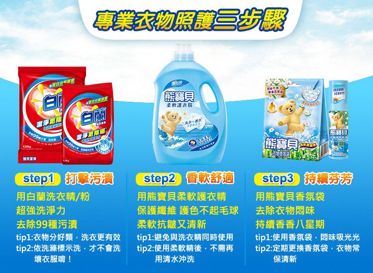 專業物照護步驟寶貝白蘭柔軟護衣精衣【熊寶貝熊寶貝step1 用白蘭衣精/粉超強洗淨力去除99種污漬tip1:衣物分好類洗衣更有效tip2:依洗滌標示洗才不會洗壞衣服唷!step2 香軟舒適用熊寶貝柔軟護衣精保護纖維 護色不起毛球柔軟抗皺又清新tip1:避免與洗衣精同時使用tip2:使用柔軟精後不需再用清水沖洗step3 持續洗用熊寶貝香氛袋去除衣物悶味持續香香八星期tip1:使用香氛袋,悶味吸光光tip2:定期更換香氛袋,衣物常保清新