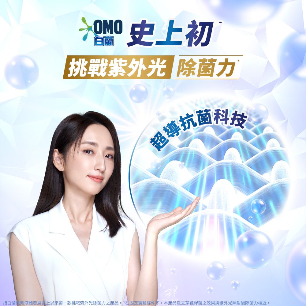 OMO 史上初白蘭挑戰紫外光 除菌力抗菌指劑液體發展史上以來第一款挑戰紫外光除菌力之產品。在固定實驗條件下,本產品洗去芽孢桿菌之效果與紫外光照射後除菌力相近。