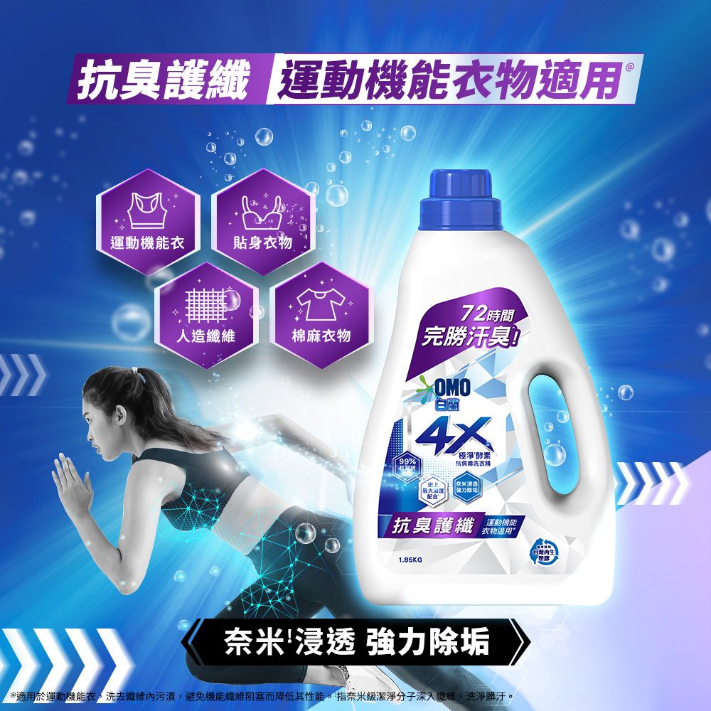 抗臭護纖 衣物適用運動機能衣貼身衣物人造纖維棉麻衣物72時間完勝汗臭99%OMO白極淨酵素抗病洗衣精史上配合抗臭護纖 運動機能衣物適用1.85KG奈米浸透 強力除垢適用於運動機能衣,洗去纖維內污漬,避免機能纖維阻塞而降低其性能。指奈米級潔淨分子深入纖維,洗淨髒汙。@