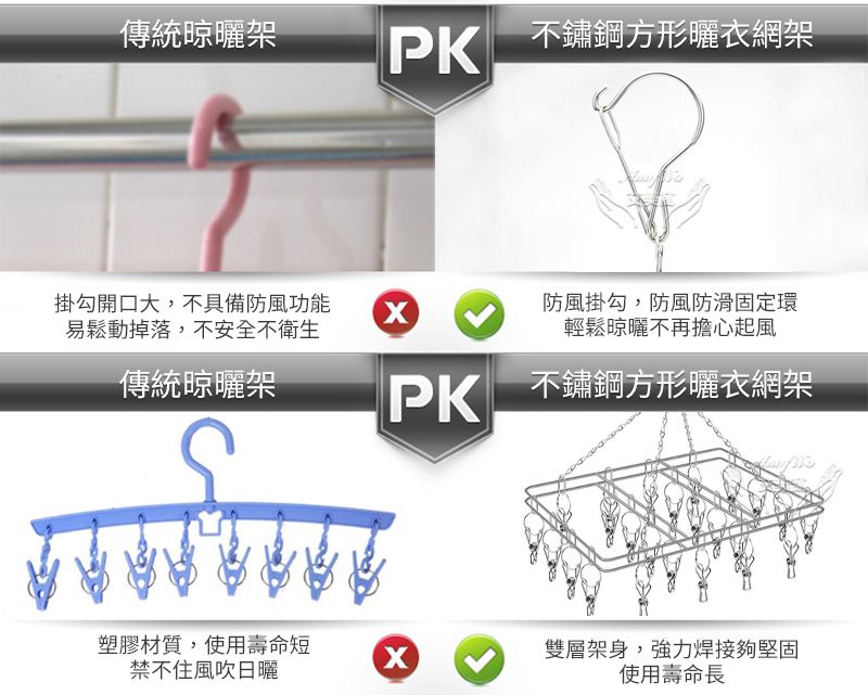 傳統晾曬架PK不鏽鋼方形曬衣網架掛勾開口大,不具備防風功能易鬆動掉落,不安全不衛生防風掛勾,防風防滑固定環輕鬆晾曬不再擔心起風傳統晾曬架PK不鏽鋼方形曬衣網架塑膠材質,使用壽命短禁不住風吹日曬雙層架身,強力焊接夠堅固使用壽命長