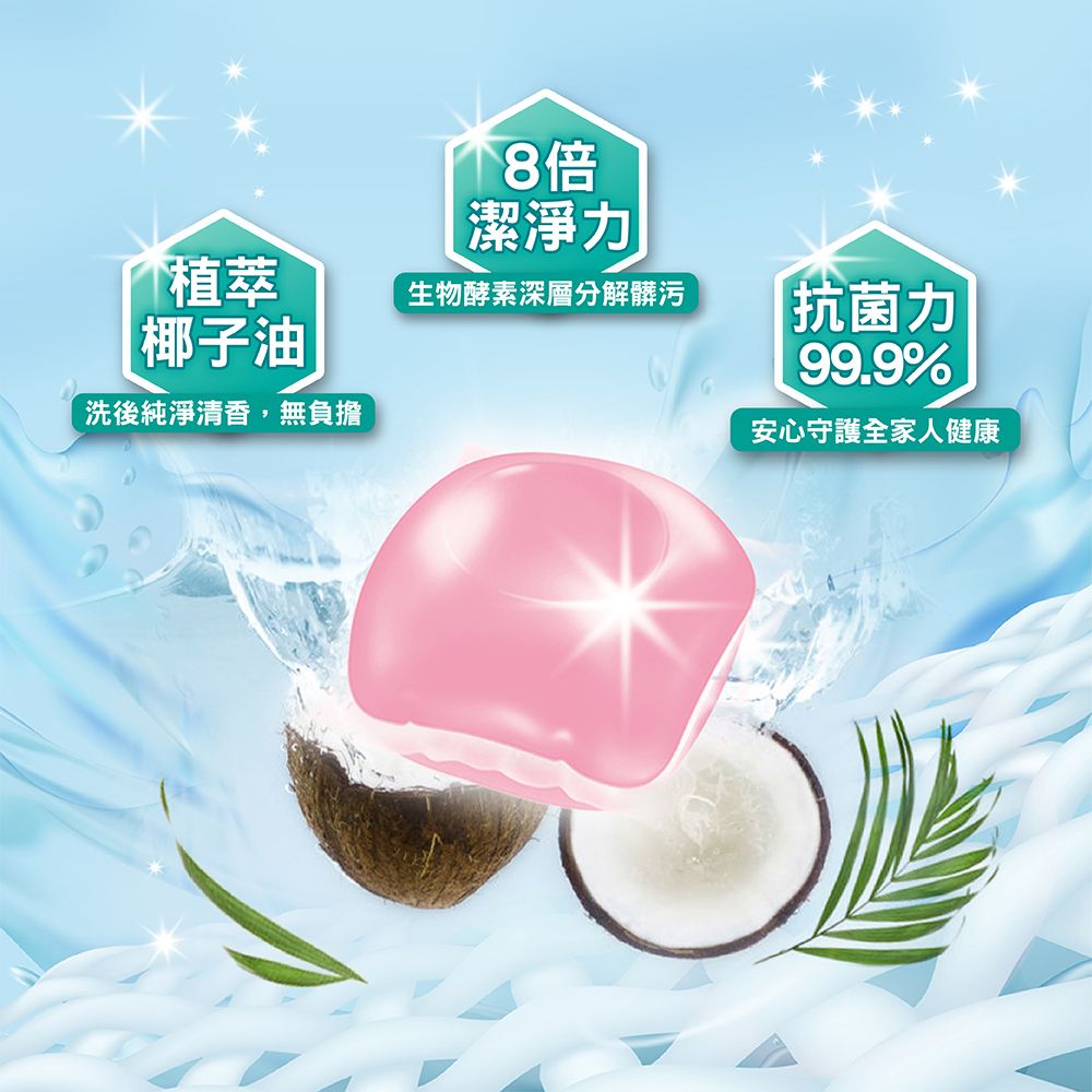 8倍潔淨力植萃生物酵素深層分解髒污椰子油洗後純淨清香,無負擔抗菌力 99.9%安心守護全家人健康