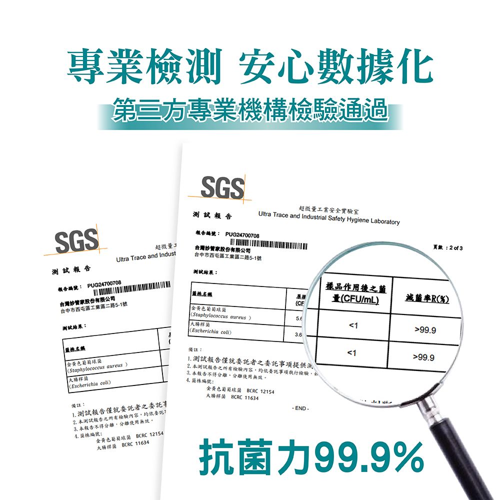 專業檢測 安心數據化第三方專業機構檢驗通過SGS測試報告超微量工業安全實驗室Ultra Trace and Industrial Safety Hygiene LaboratorySGS報告編號 PUG4700708超微量台灣管家股份有限公司頁數 2 of 3Ultra Trace and Indust台中市西屯區工業區二路5-1號測試報告測試結果:報告編號: PUG24700708稱:台灣管家股份有限公司台中市西屯區工業區二路5-1號黃色葡萄球菌樣品作用後之菌量(CFU/mL滅菌率((CF(Staphylococcus aureus測試結果:1(Escherichia )6名稱備註:金黃色葡萄球菌(Staphylococcus aureus)(Escherichia coli) 測試報告僅就委託者之委託項提供99.9199.9 本報告不得分離使用無效2. 本測試報告之所有檢驗內容,均依委託事項執行檢驗,如3. 本報告不得分離,分離使用無效。備註: 測試報告僅就委託者之委託事2. 本測試報告之所有檢驗內容,均依委託 菌株編號:金黃色葡萄球菌 BCRC 12154大腸桿菌 BCRC 11634-END-4.菌株編號:金黃色葡萄球菌 BCRC 12154大腸桿菌 BCRC 11634抗菌力99.9%