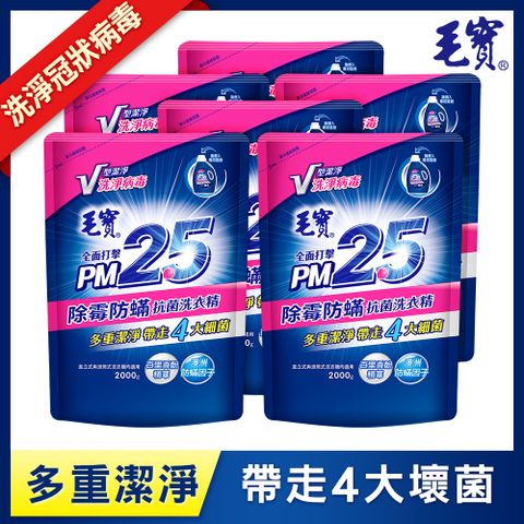 ◤洗淨冠狀病毒◢【毛寶】除霉防蹣 PM2.5洗衣精-補充包(2000gX6入)