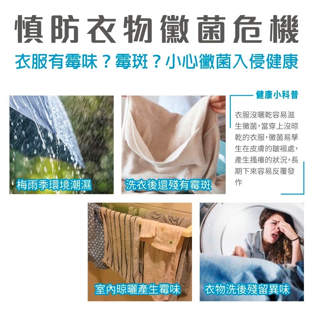 慎防衣物黴菌危機衣服有霉味?霉斑?小心黴菌入侵健康梅雨季環境潮濕  洗衣後還殘有霉斑健康小科普衣服沒曬乾容易滋生黴菌,當穿上沒晾乾的衣服,黴菌易孳生在皮膚的皺褶處,產生搔癢的狀況,長期下來容易反覆發室內晾曬產生霉味衣物洗後殘留異味