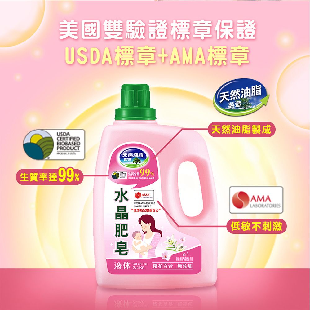 國雙驗證標章保證標章+AMA標章USDACERTIFIED天然油脂天然油脂製成PRODUCT率達99%天然油脂製造 生質99%USDAAMA美洗服更安心”AMALABORATORIES低敏不刺激液体 CRYSTAL樱花百合無添加
