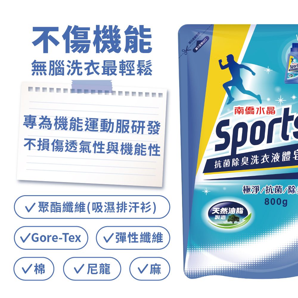 不傷機能無腦洗衣最輕鬆專為機能運動服研發不損傷透氣性與機能性聚酯纖維(吸濕排汗衫)-Tex 彈性纖維∨棉 ∨尼龍 √ 麻沿南僑水晶Sports抗菌除臭洗衣液體皂天然油脂製造極淨/抗菌/除800gp