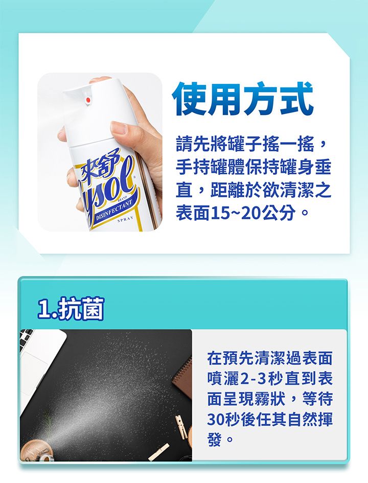 來舒DISINFECTANTSPRAY使用方式請先將罐子搖一搖,手持罐體保持罐身直,距離於欲清潔之表面15~20公分。1.抗菌在預先清潔過表面噴灑2-3秒直到表面呈現霧狀,等待30秒後任其自然揮發。