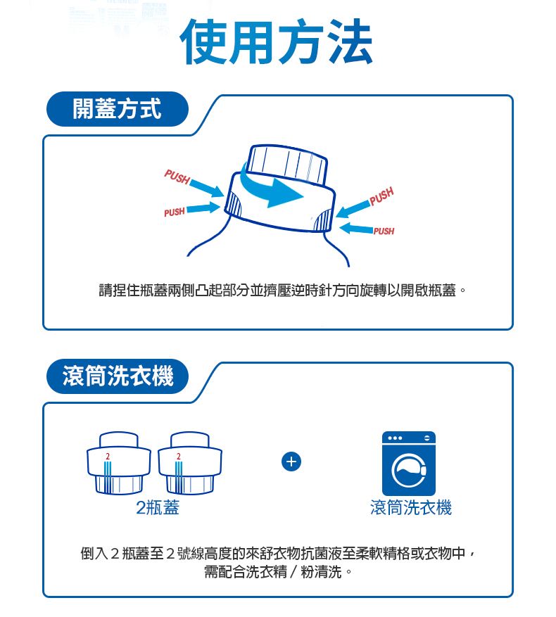 開蓋方式使用方法PUSHPUSH請捏住瓶蓋兩側凸起部分並擠壓逆時針方向旋轉以開啟瓶蓋。滾筒洗衣機2瓶蓋滾筒洗衣機倒入2瓶蓋至2號線高度的來舒衣物抗菌液至柔軟精格或衣物中需配合洗衣精/粉清洗。