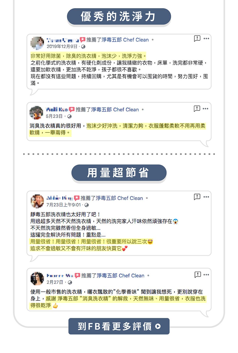 優秀的洗淨力推薦了淨毒五郎 Cef Clean。2019年12月9日非常好用除菌,除臭的洗衣精,泡沫少,洗淨力強。之前化學式的洗衣精,有硬化劑成份,讓我精緻的衣物,床單,洗完都非常硬,還要加軟衣精,更加洗不乾淨,孩子都很不喜歡。現在都沒有這些問題,持續回購,尤其是有機會可以貨的時間,努力囤好,囤滿。  推薦了淨毒五郎 Chef Clean。5月23日 消臭洗衣精真的很好用,泡沫少好沖洗,清潔力夠,衣服蓬鬆柔軟不用再用柔軟精,一舉兩得。用量超節省h推薦了淨毒五郎 Chef Clean。7月23日上午9:01靜毒五郎洗衣精也太好用了吧!用過超多天然不天然洗衣精,天然的洗完家人汗味依然頑強存在不天然洗完雖然但全身過敏這罐完全解決所有問題!重點是用量很省!用量很省!用量很省!很重要所以說三次追求不會過敏又不會有汗味的朋友快買它Chef Clean。推薦了淨毒五郎2月27日!使用一般市售的洗衣精,曬衣飄散的”化學香味”到讓我想死,更別說穿在身上,感謝淨毒五郎”消臭洗衣精”的解救,天然無味、用量很省,衣服也洗得很乾淨到FB看更多評價