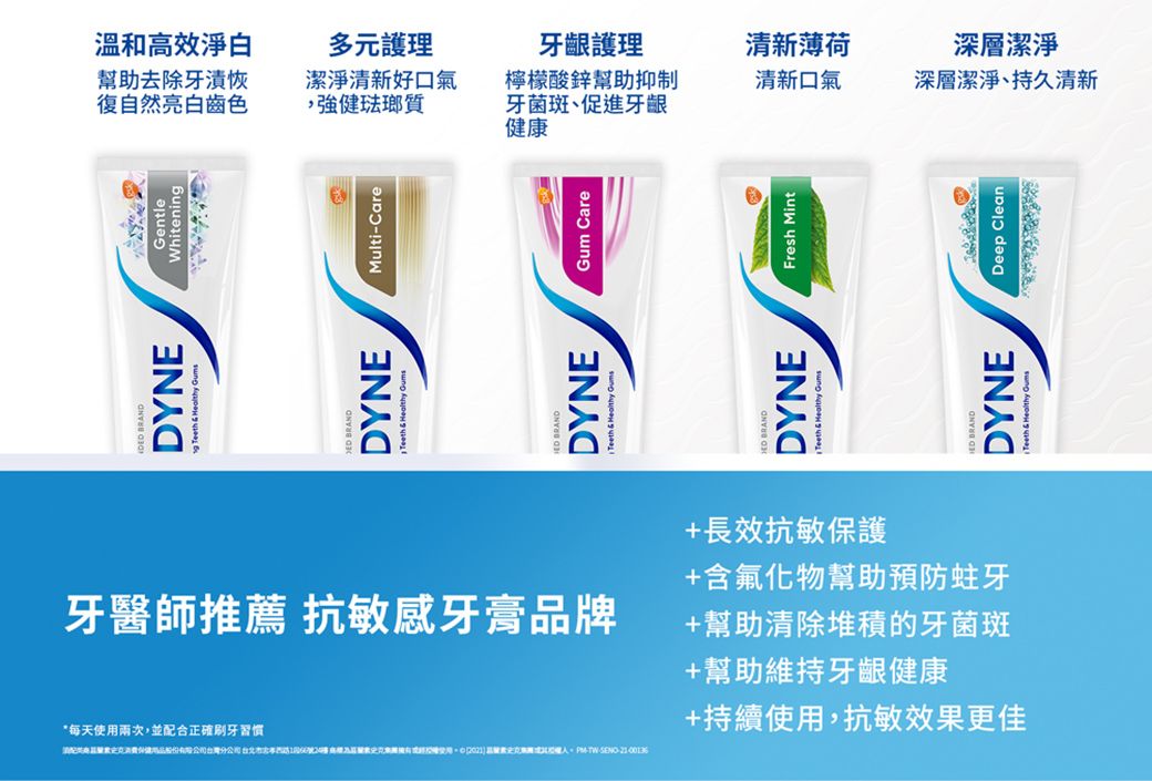 *每天並配合正刷牙習慣DYNE Teeth  Healthy GentleWhitening DYNE牙醫師推薦 抗敏感牙膏品牌分公司確使用 -Teeth  Healthy Multi-Care健康幫助去除牙恢溫和高效淨白多元護理復自然亮白齒色,強健琺瑯質潔淨清新好口氣牙菌斑、促進牙齦檸檬酸鋅幫助抑制牙齦護理清新口氣清新薄荷深層潔淨、持久清新深層潔淨DYNEGum Care DYNEFresh Mint+幫助維持牙齦健康+持續使用,抗敏效果更佳+長效抗敏保護+幫助清除堆積的牙菌斑+含氟化物幫助預防蛀牙 BRANDDYNEDeep Clean