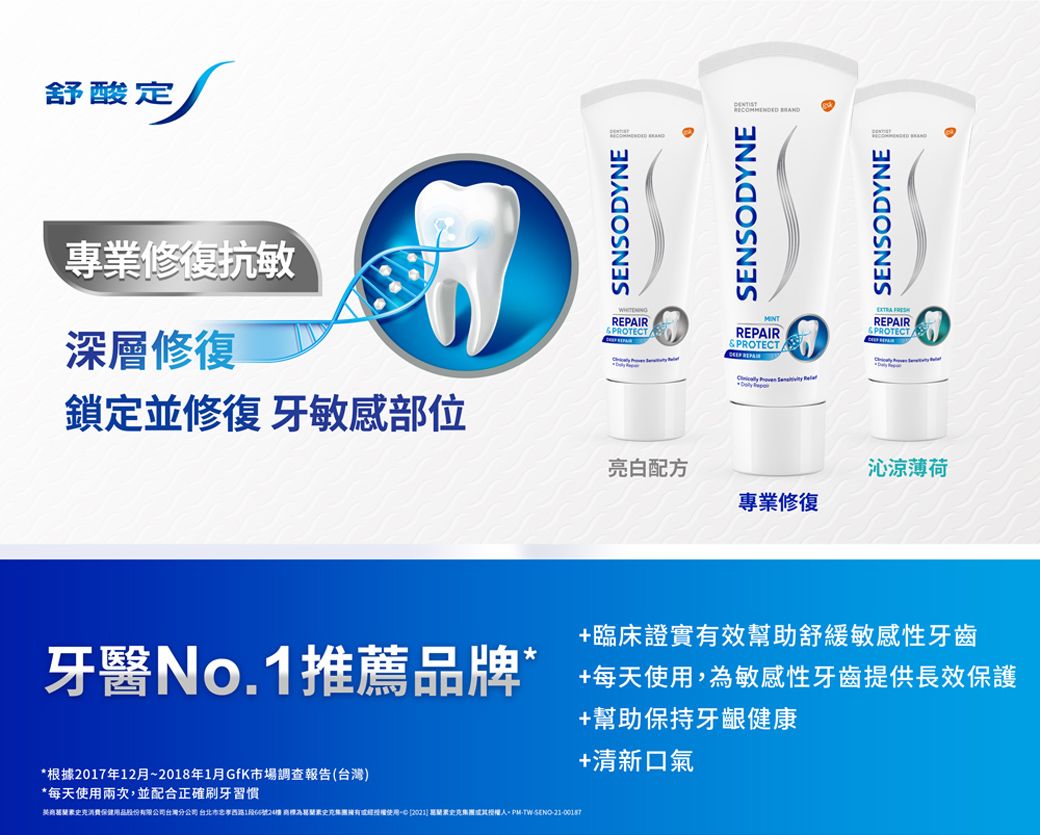 舒酸定專業修復抗敏深層修復鎖定並修復 牙敏感部位SENSODYNE SENSODYNESENSODYNEREPAIRREPAIR PROTECT REPAIRSPROTECT   亮白配方沁涼薄荷專業修復臨床證實效幫助舒緩敏感性牙齒牙醫No.1推薦品牌* +每天使用,敏感性牙齒提供長效保護*根據2017年12月~2018年1月GfK市場調查報告(台灣)*每天使用兩次,並配合正確刷牙習慣消費保健用品股份有限公司台灣分公司 台北市1段66號 為有使用  史克集團授權TW-+幫助保持牙齦健康+清新口氣