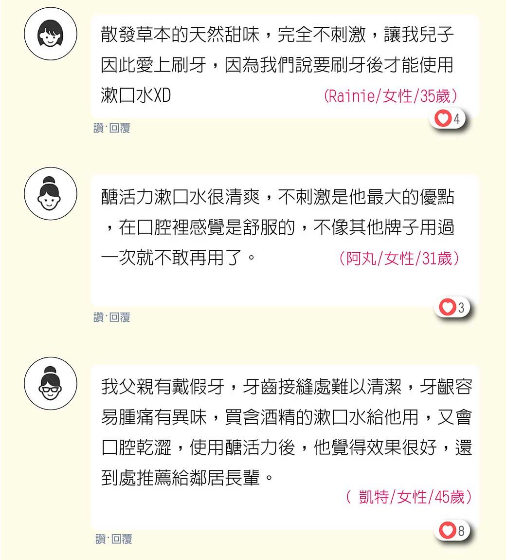 散發草本的天然甜味,完全不刺激,讓我兒子因此愛上刷牙,因為我們說要刷牙後才能使用漱口水XD讚·回覆(Rainie/女性/35歲)醣活力漱口水很清爽,不刺激是他最大的優點在口腔裡感覺是舒服的,不像其他牌子用過一次就不敢再用了。(阿丸/女性/31歲)讚·回覆我父親有戴假牙,牙齒接縫處難以清潔,牙齦容易腫痛有異味,買含酒精的漱口水給他用,又會口腔乾澀,使用醣活力後,他覺得效果很好,還到處推薦給鄰居長輩。( 凱特/女性/45歲)讚·回覆