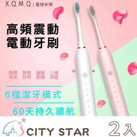 CITY STAR 新濠 充電式超聲波六檔電動牙刷2色(附10支牙刷頭+掛架)-2入