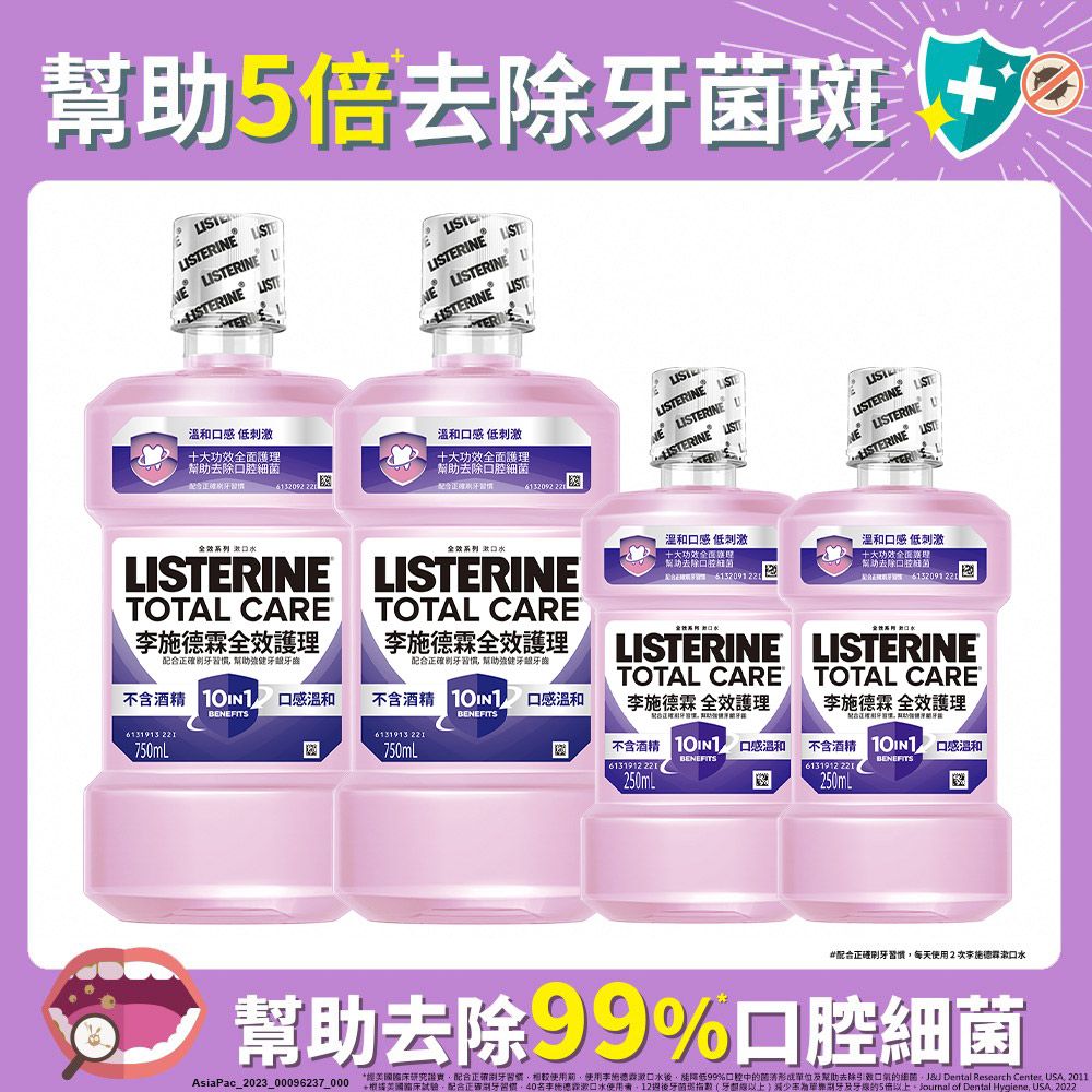 LISTERINE 李施德霖  全效護理除菌漱口水無酒精配方4件組(750mlx2+250mlx2)