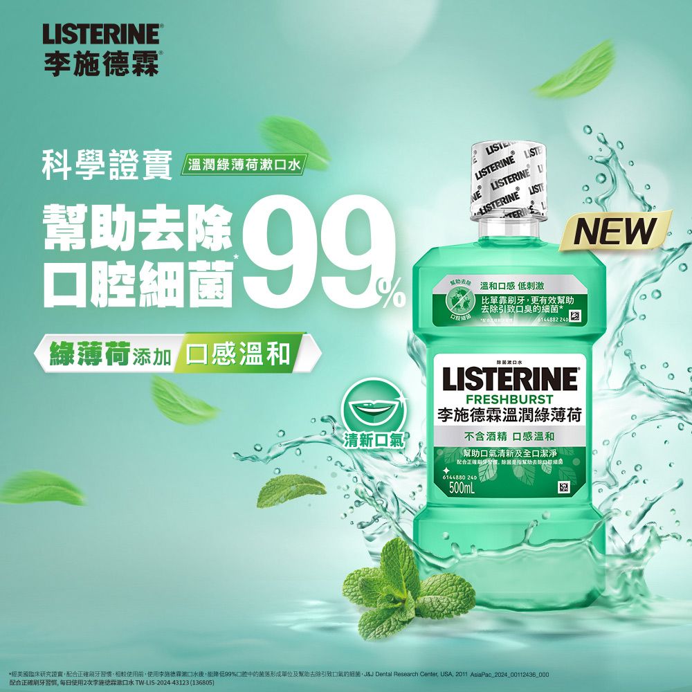 RI 科學證實 溫潤薄荷漱幫去99口腔細綠薄荷添加 感溫和LISTERINE LISTENE LISTERINE  ®助 溫和口感 低刺激比單靠更有效幫助去除引致口臭的細菌NEW除口水LISTERINEFRESHBURST李施德霖溫潤綠薄荷清新不含酒精 口感溫和幫助口氣清新及全口潔淨配合正確刷牙除菌是指幫助去除菌6144880 500mL*美國臨床研究證實配合正確刷牙習慣相較使用前使用李施德霖水後,降低99%口腔中的及幫助去除引致口氣的細菌,J&J Dental Research Center, USA, 2011 AsiaPac_2024_00112436_000配合正確刷牙習慣,每日使用2次李施德霖水 TW-LIS-2024-43123(136805)