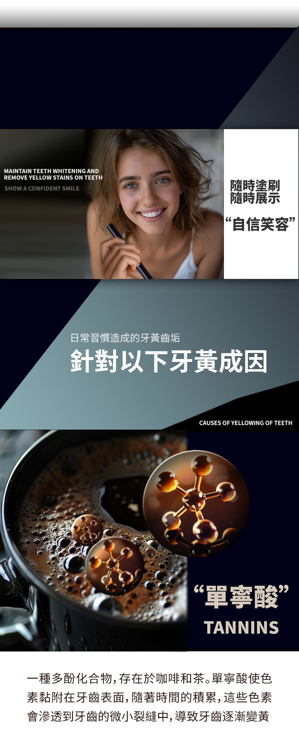 MAINTAIN TEETH WHITENING ANDREMOVE YELLOW STAINS ON TEETHSHOW A CONFIDENT SMILE隨時塗刷隨時展示“自信笑容”日常習慣造成的牙齒垢針對以下牙黃成因CAUSES OF YELLOWING OF TEETH“單寧酸”TANNINS一種多酚化合物,存在於咖啡和茶。單寧酸使色素黏附在牙齒表面,隨著時間的積累,這些色素會滲透到牙齒的微小裂縫中,導致牙齒逐漸變黃