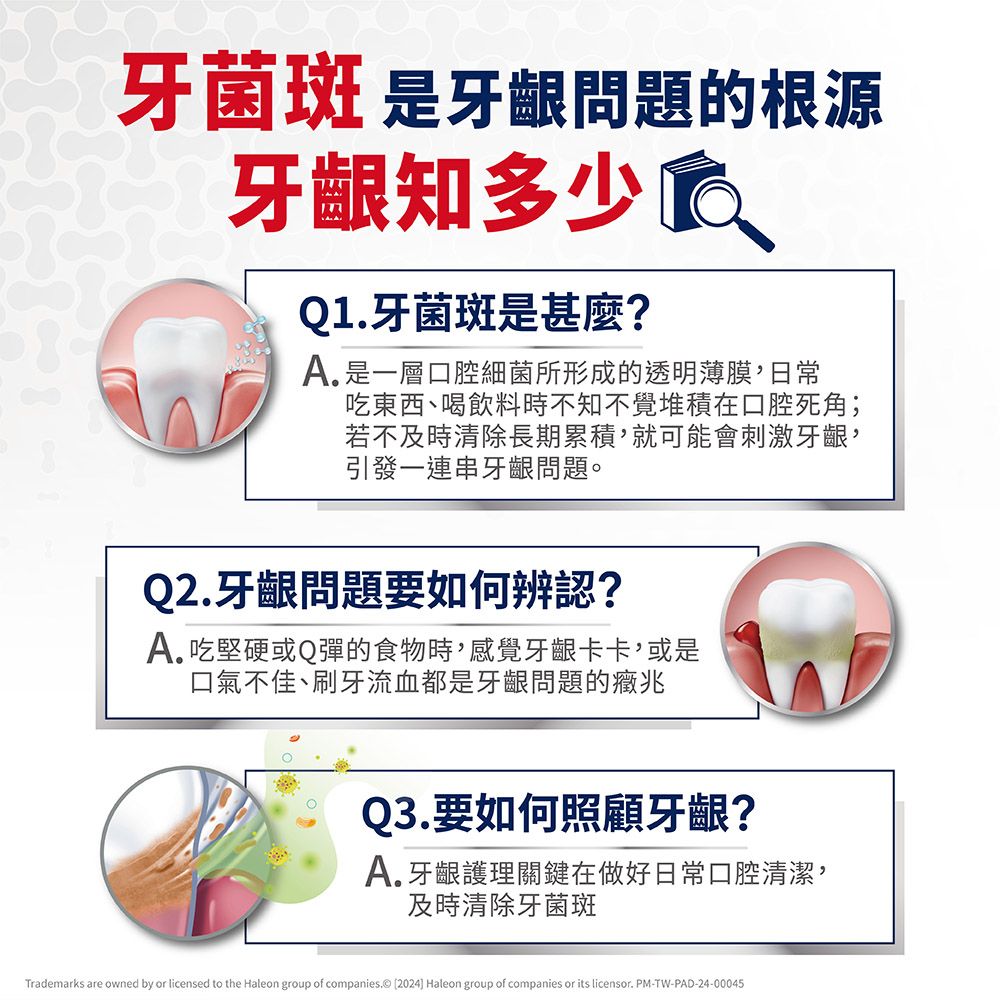 牙菌斑 是牙齦問題的根源牙齦知多少Q1牙菌斑是甚麼?A.是一層口腔細菌所形成的透明薄膜,日常吃東西、喝飲料時不知不覺堆積在口腔死角;若不及時清除長期累積,就可能會刺激牙齦,引發一連串牙齦問題。Q2.牙齦問題要如何辨認?A.吃堅硬或Q彈的食物時,感覺牙齦卡卡,或是口氣不佳、刷牙流血都是牙齦問題的癥兆Q3.要如何照顧牙齦?A.牙齦護理關鍵在做好日常口腔清潔,及時清除牙菌斑Trademarks are owned by or licensed to the Haleon group of companies. 2024] Haleon group of companies or its licensor. PM-TW-PAD-24-00045