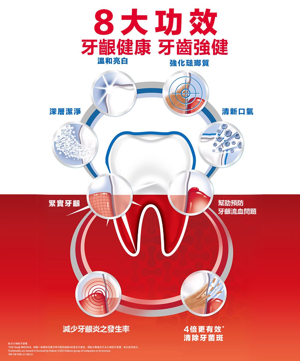 深層潔淨緊實牙齦8大功效牙齦健康 牙齒強健溫和亮白強化琺瑯質清新口氣幫助預防牙龈流血問題配合正確減少牙齦炎之發生率*GSK Study 一般可幫助清除4更多牙菌斑配合專業洗牙及正確刷牙,每天使用次Trademarks are owned or licensed by Haleon 02023 Haleon group of companies or its licensorPM-TW-PAD-21-001214倍更有效*清除牙菌斑