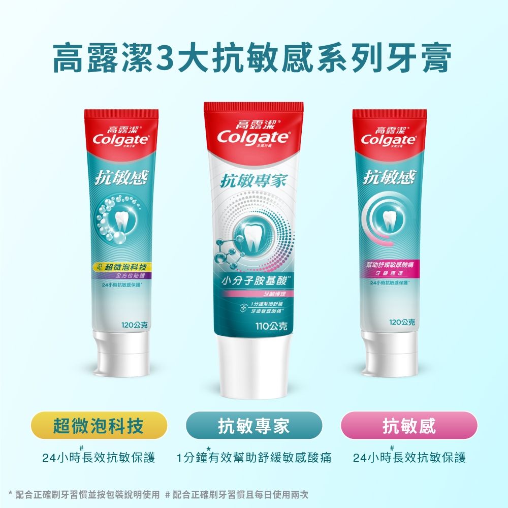 高露潔3大抗系列膏高露潔®高露潔高露潔ColgateColgateColgate抗敏感抗敏專家抗敏感超微泡科技防護24小時抗敏感保護小分子胺基酸120公克超微泡科技牙護1分鐘幫助舒幫助舒緩敏感牙 理24小時抗敏感保護 敏感酸痛120公克110公克抗敏專家抗敏感#24小時長效抗敏保護1分鐘有效幫助舒緩敏感酸痛24小時長效抗敏保護* 配合正確刷牙習慣並按包裝說明使用#配合正確刷牙習慣且每日使用兩次