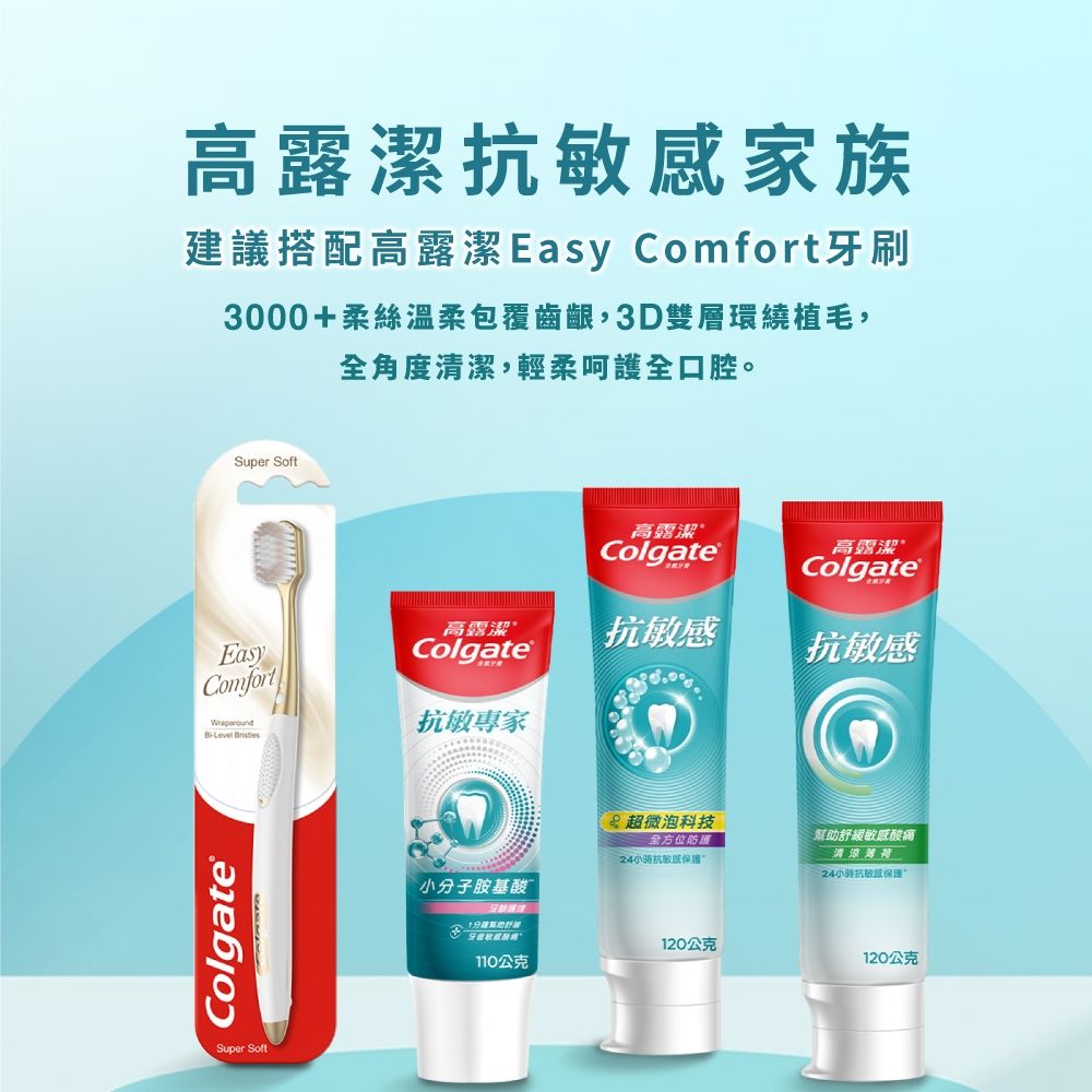 高露潔抗家族建議搭配高露潔Easy Comfort牙刷3000+柔絲溫柔包覆齒齦,3D雙層環繞植毛,全角度清潔,輕柔呵護全口腔。Super Soft高露潔Colgate高露潔Colgate高露潔EasyComfortColgate®抗敏感抗敏感抗敏專家Level Colgate®Super Soft超微泡科技全方位防護幫助舒緩敏感酸痛24小時抗敏感保護24小時抗敏保護小分子胺基酸110公克120公克120公克