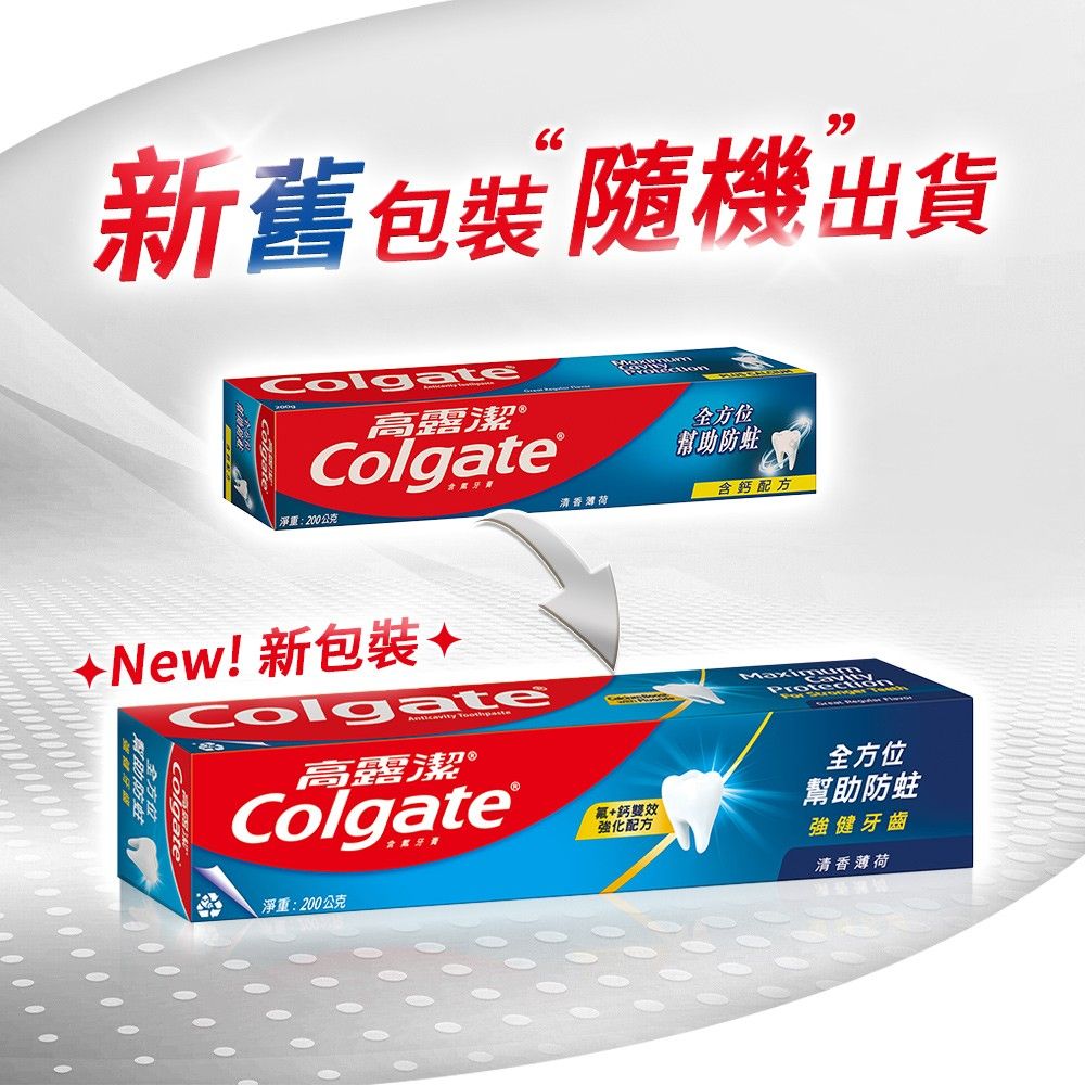 新舊包裝 隨機出貨清香高露潔®Colgate淨重:200公克+New!新包裝ColgateAnticavity Colgate全方位幫助防蛀含鈣配方高露潔®全方位Colgate+鈣雙效幫助防蛀強化配方強健牙齒清香薄荷淨重:200公克